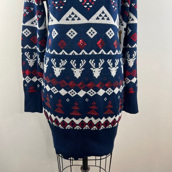 TIPSY ELVES Blue Red White Sweater Dress Knit Sequin Fair Isle Size Large L NEW - Picture 8 of 12